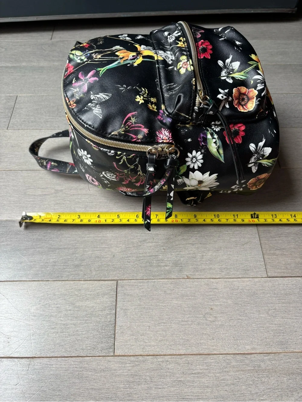 Khols Black Floral Fuax Leather Mini Backpack Purse Zippers Pockets Adjustable